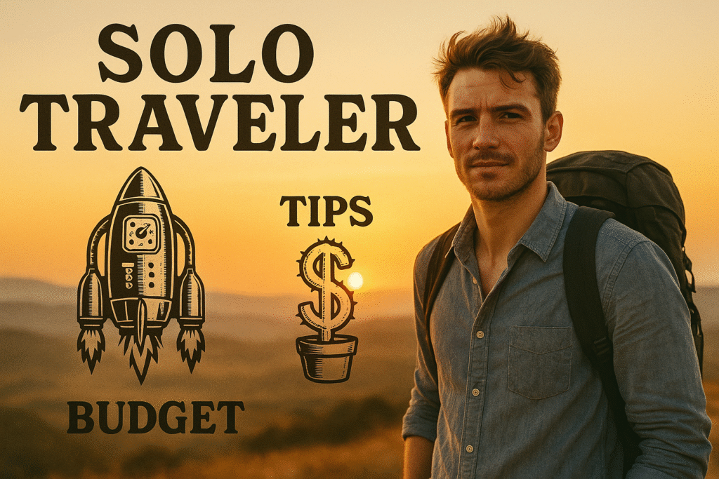 A confident solo traveler stands against a scenic sunset backdrop with a backpack, while bold text and graphics display the best tips for solo trips, including budgeting and travel advice, emphasizing independence and adventure.